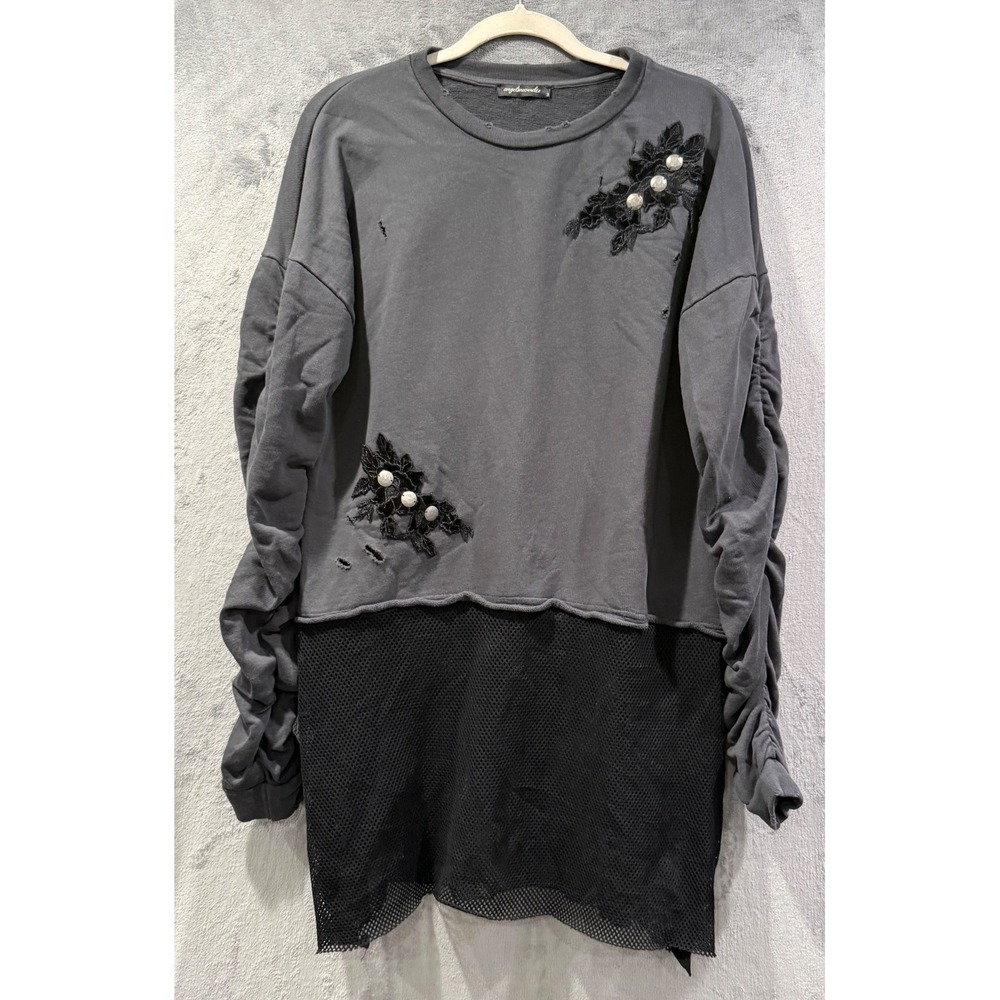 Angels Never Die Grey Distressed Mesh Hem Ruched Sleeve Sweatshirt Size 3 L Goth